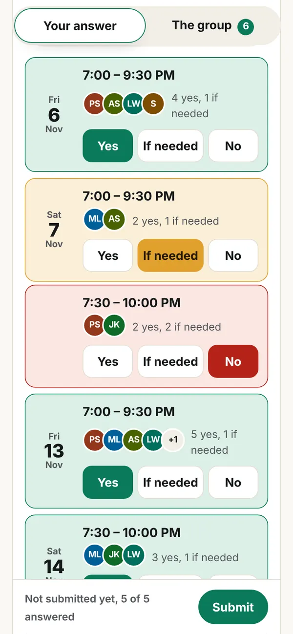 Answering a poll on a phone: Yes, If needed and No buttons for each evening