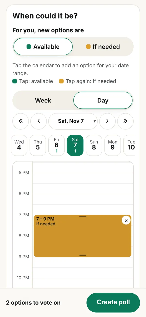 Creating a dinner poll on a phone: two evenings tapped on the calendar, and a Create poll button